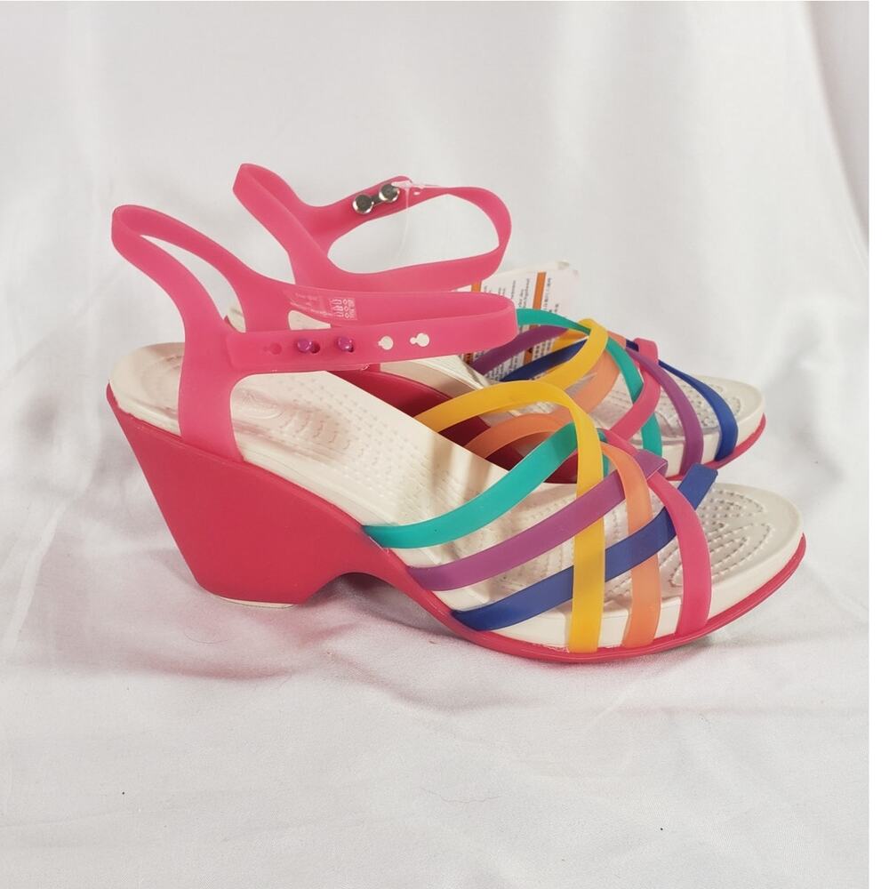 Crocs Women's Multicolor Huarache Wedge Sandal Pink 3" Heel Size 5 NEW